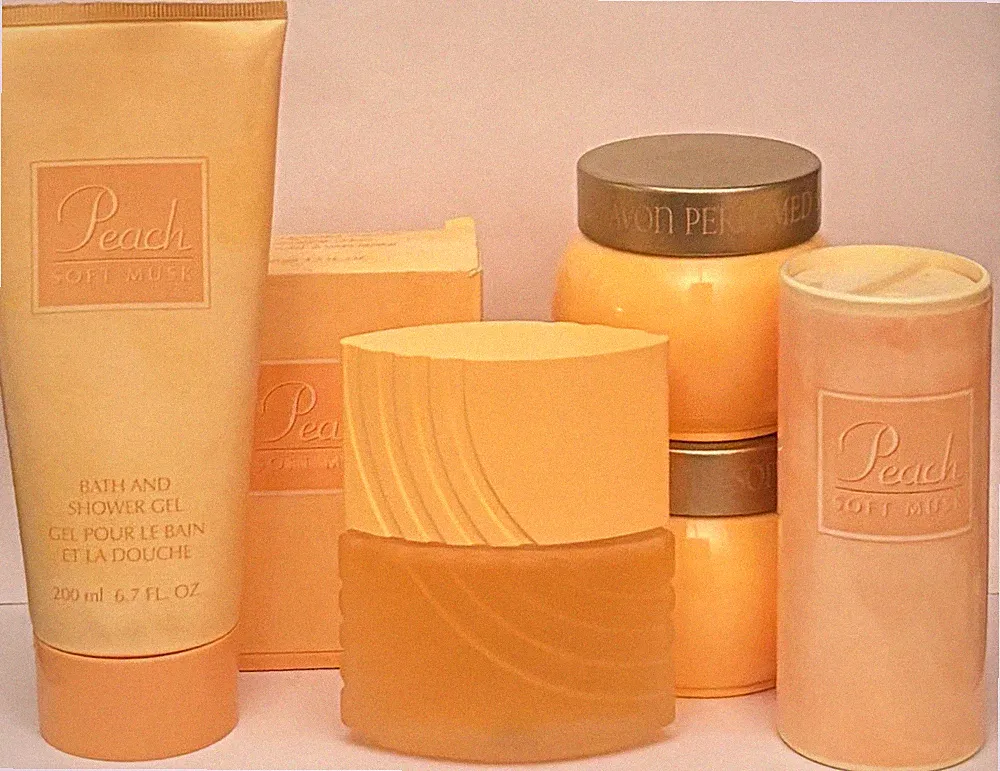 Avon Peach Soft Musk cologne spray with shower gel + talc & 2 skin softeners